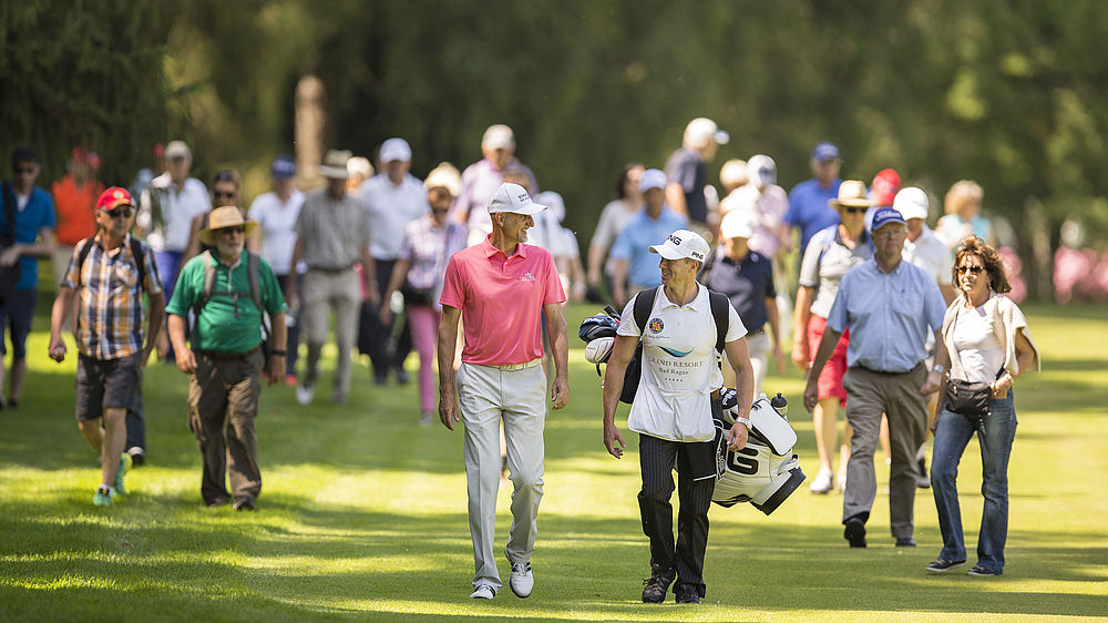 Andre Bossert (SUI) with his Caddy, during the Swiss Seniors Open Golf tournament in Bad Ragaz, Switzerland, 01.07.2016. World class players will fight for the victory on the 18-hole PGA Championship Course, during the three tournament days, from 1. - 3.07.2016. (PHOTOPRESS/Dominik Baur)